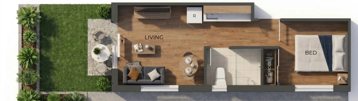 YSH Property suite floor plan: private bedroom, living, kitchenette, ensuite and courtyard